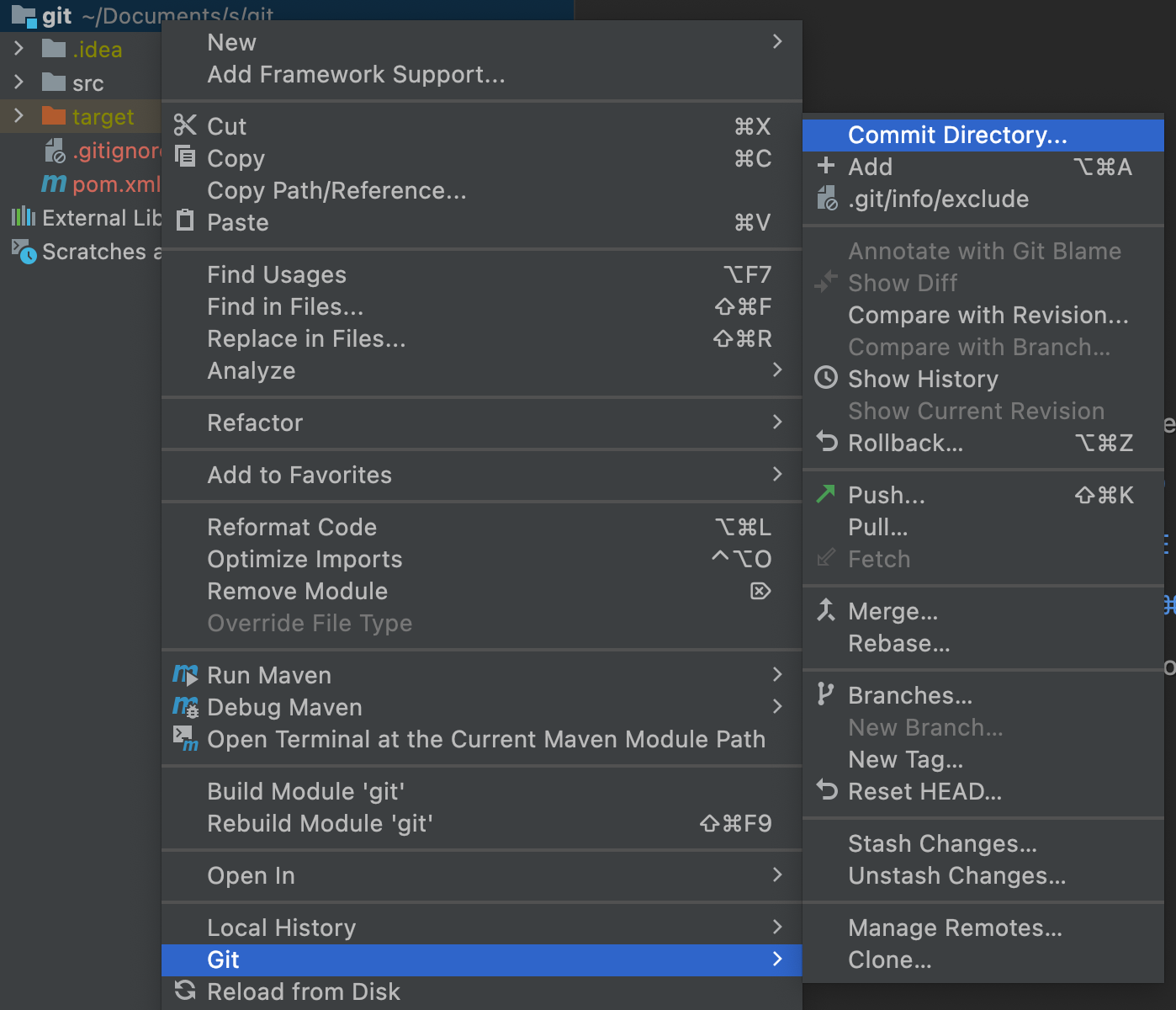 右键工程,"Git"、"Commit Directory"